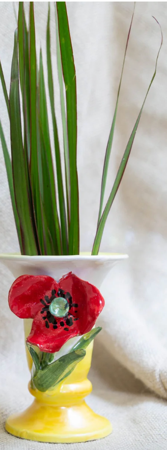 Vase, Small White with Red Poppy Flower - Clements Fine Rugs