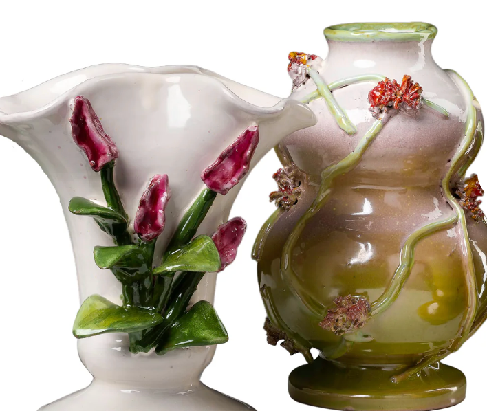 Vase, Sm White W/ Pink Tulips - Clements Fine Rugs